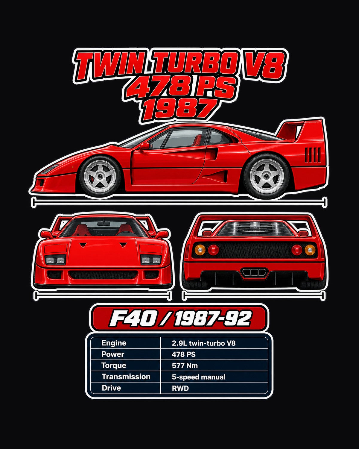 Ferrari F40 Spec Sheet Full-Back Graphic Tee design only