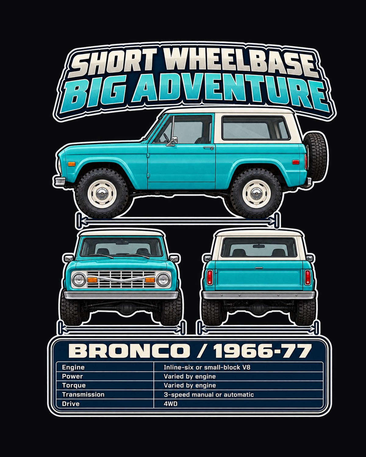Ford Early Bronco Spec Sheet Full-Back Graphic Tee design only