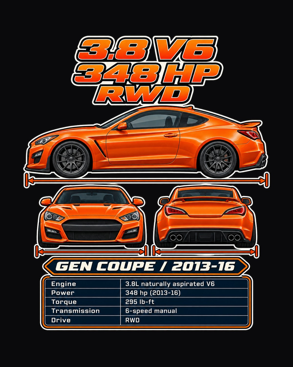 Hyundai Genesis Coupe 38 Spec Sheet Full-Back Graphic Tee design only