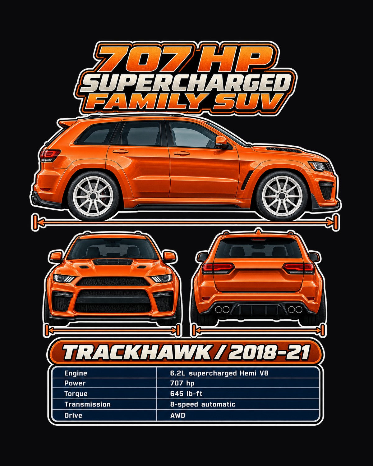 Jeep Grand Cherokee Trackhawk Spec Sheet Full-Back Graphic Tee design only