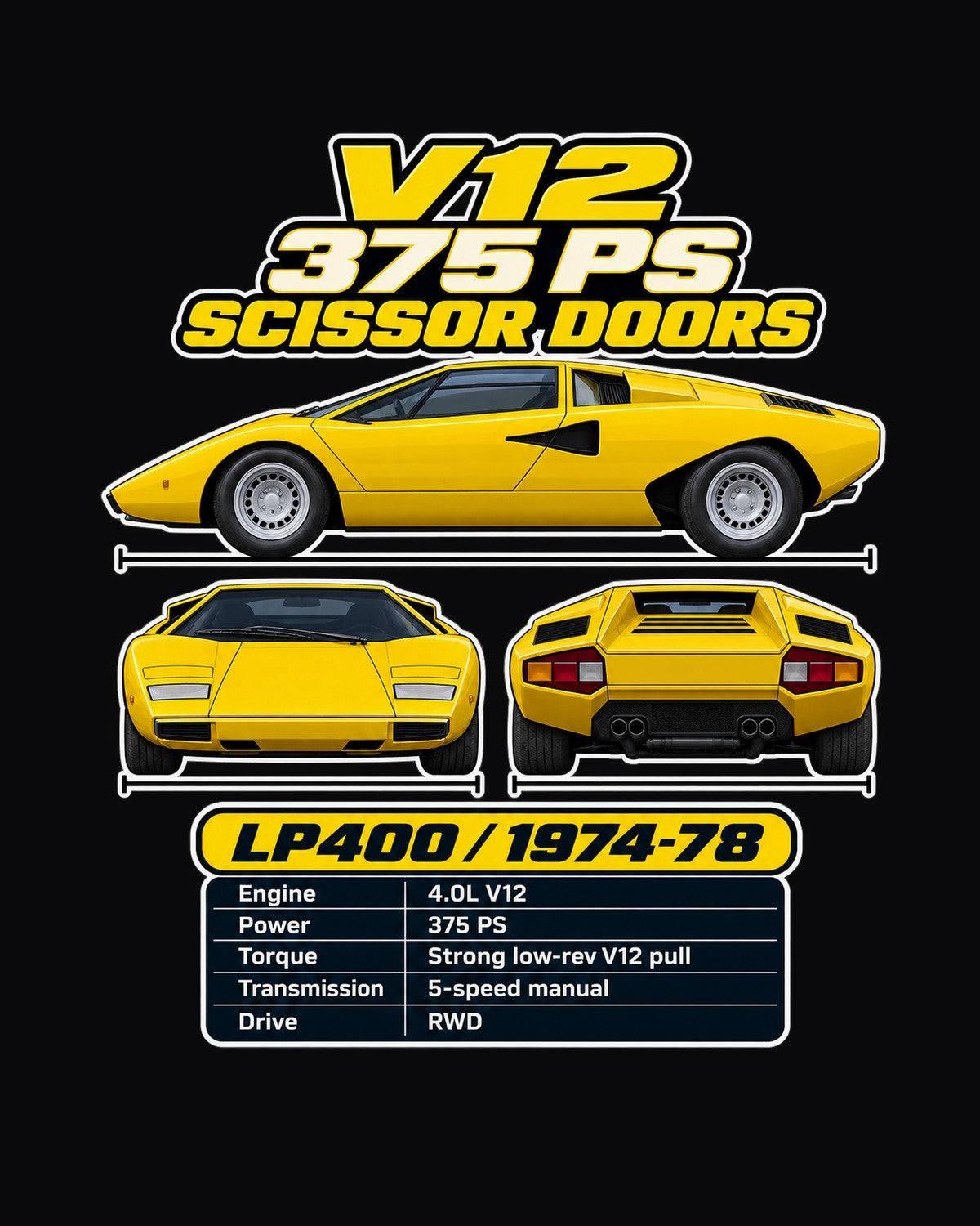 Lamborghini Countach Lp400 Spec Sheet Full-Back Graphic Tee design only
