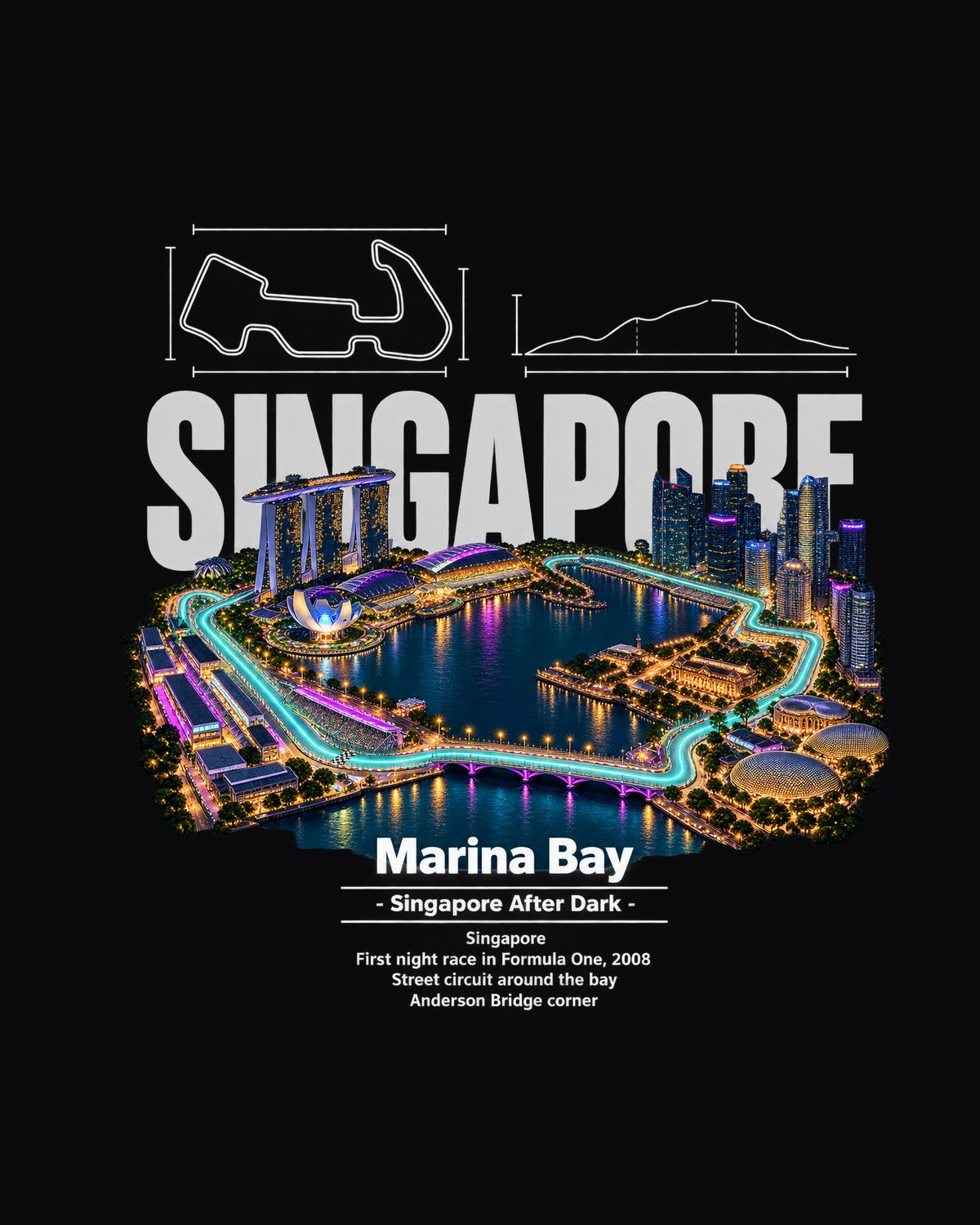 Marina Bay Track Layout Blueprint Full-Back Graphic Tee design only