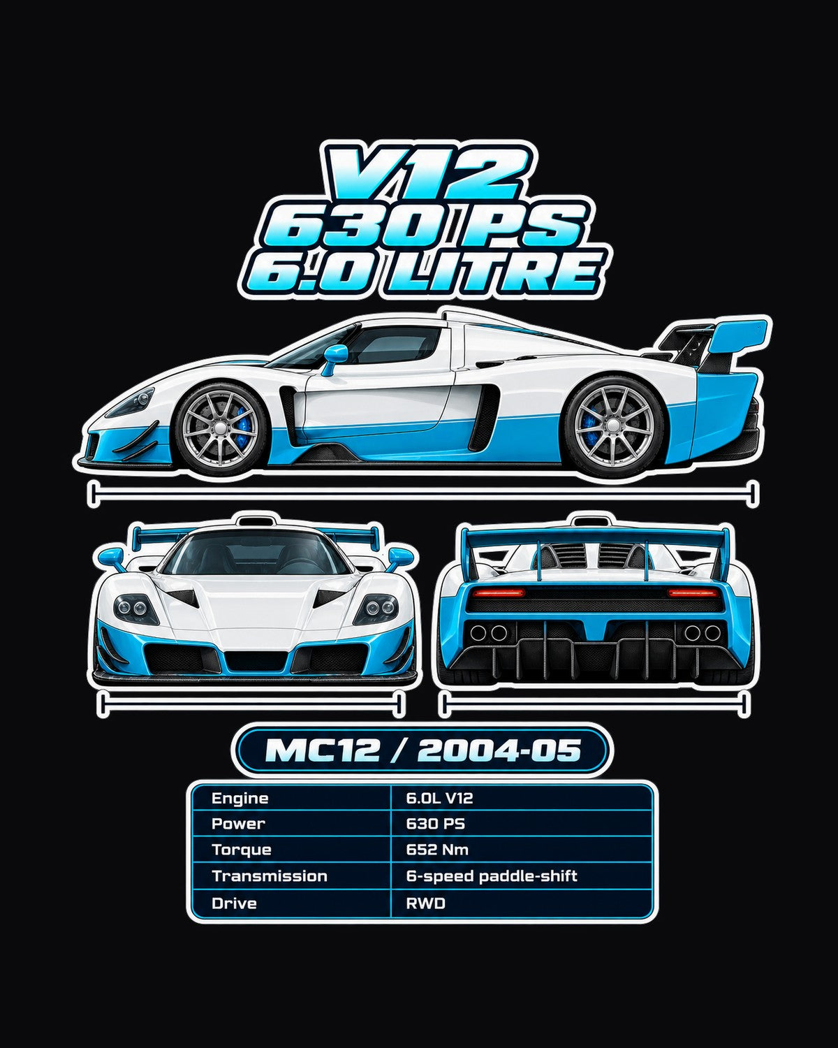 Maserati Mc12 Spec Sheet Full-Back Graphic Tee design only