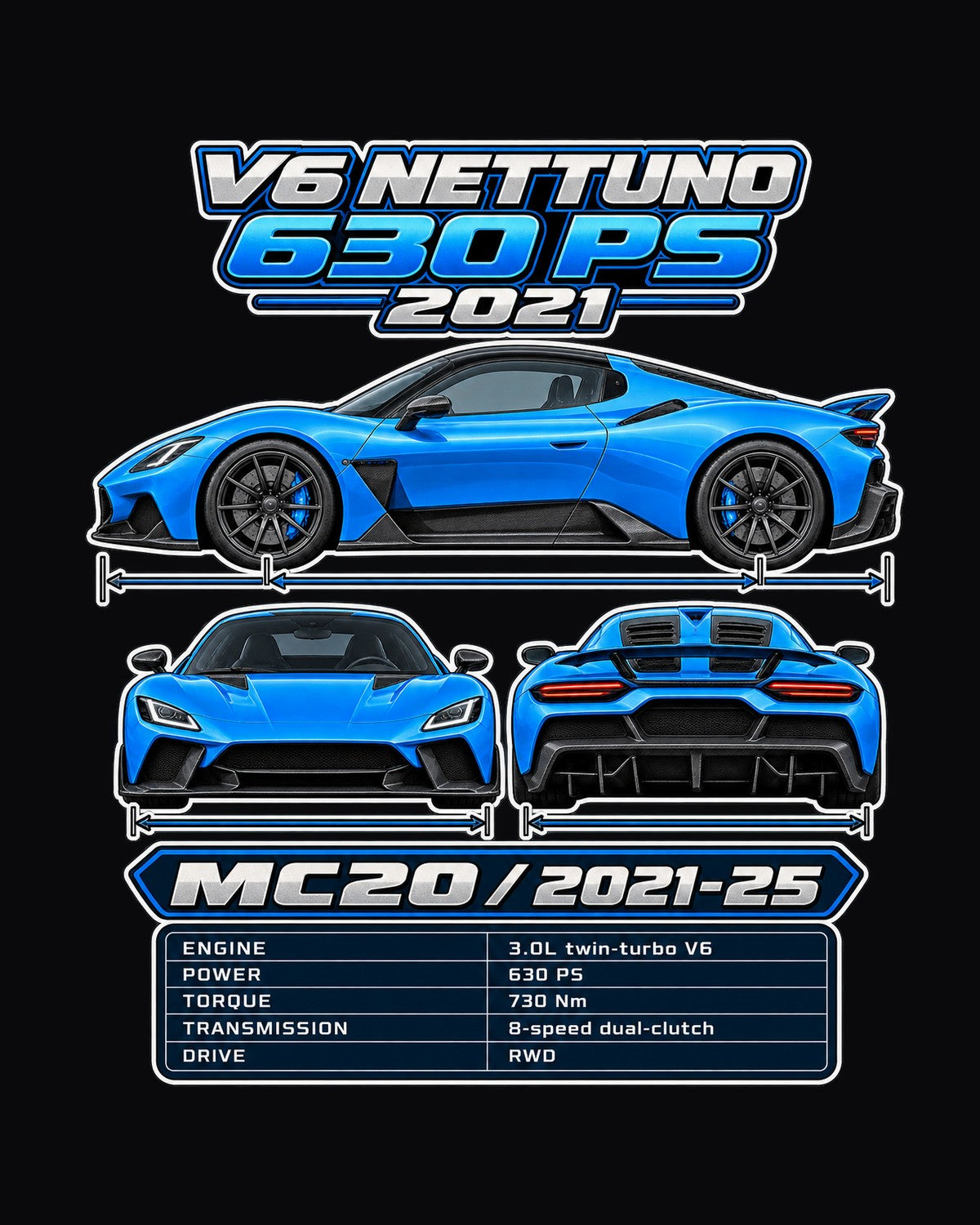 Maserati Mc20 Spec Sheet Full-Back Graphic Tee design only