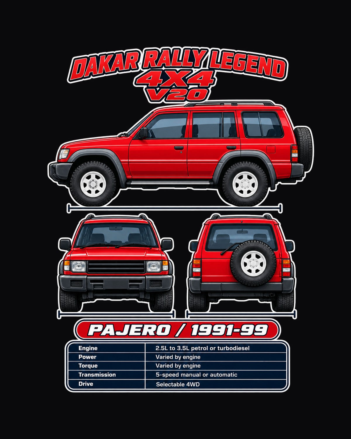 Mitsubishi Pajero Spec Sheet Full-Back Graphic Tee design only