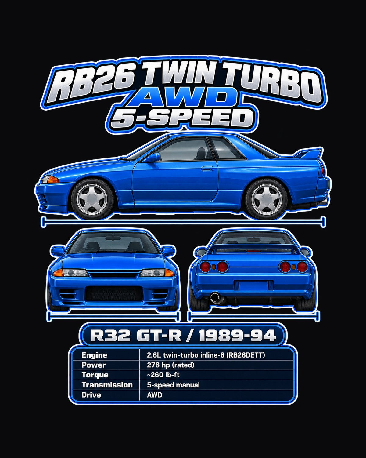 Nissan Skyline Gt R R32 Spec Sheet Full-Back Graphic Tee design only