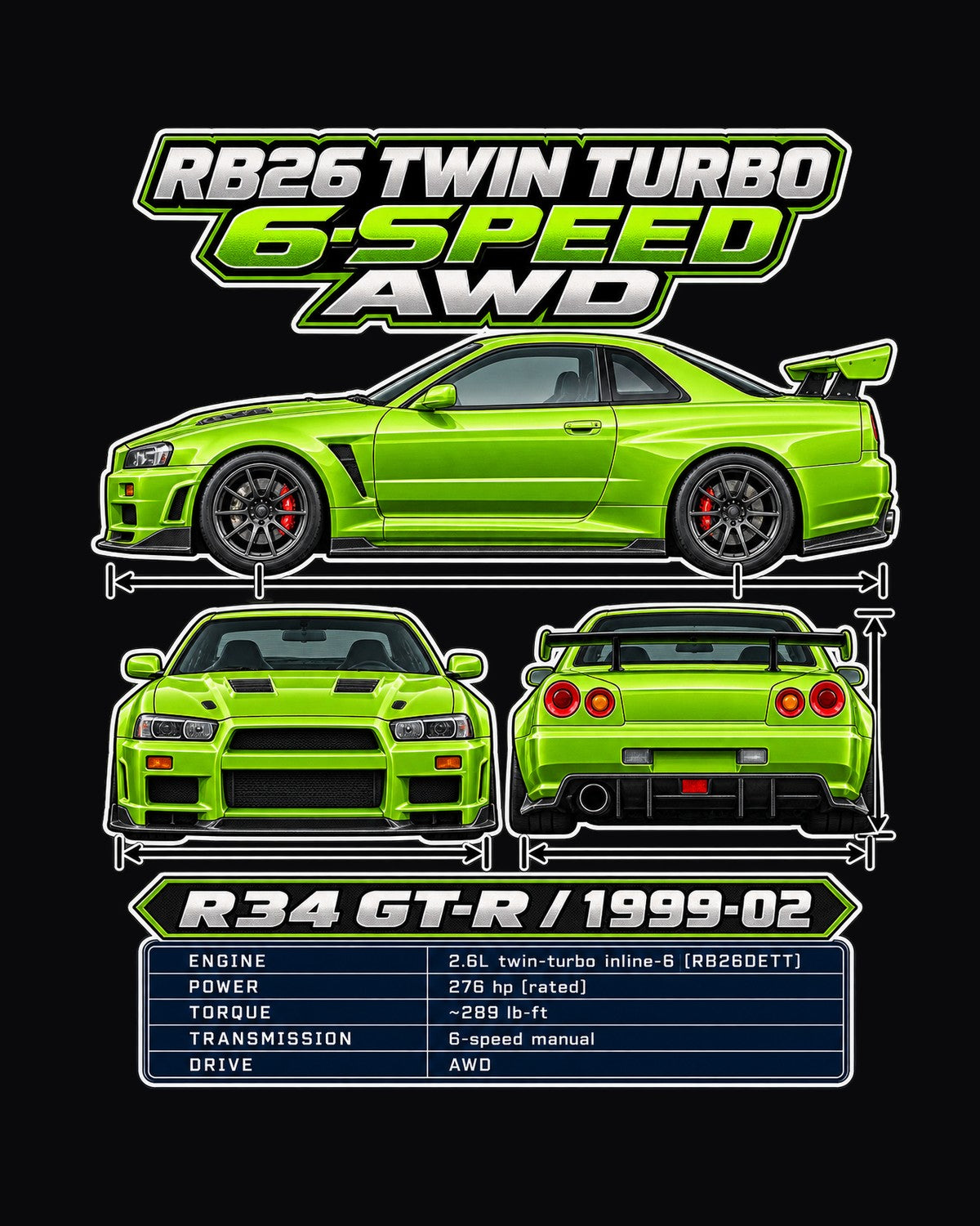 Nissan Skyline Gt R R34 Spec Sheet Full-Back Graphic Tee design only