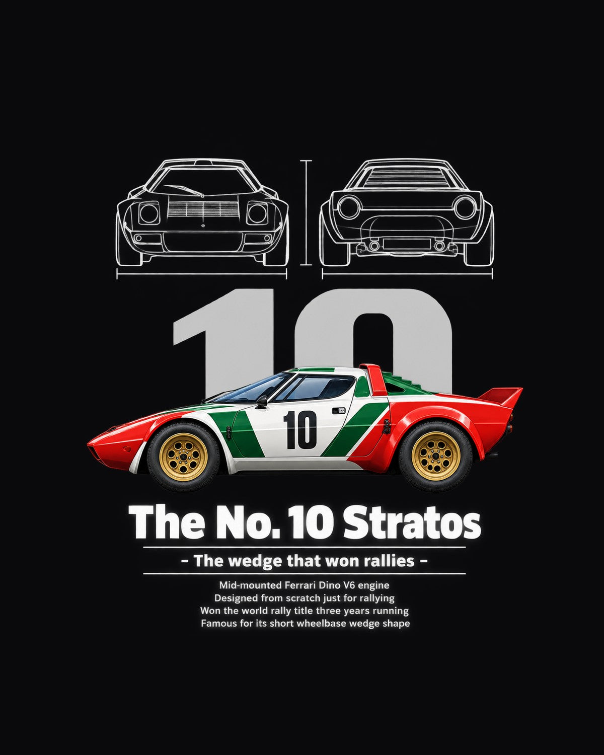 No. 10 Stratos Race Car Blueprint Full-Back Graphic Tee design only
