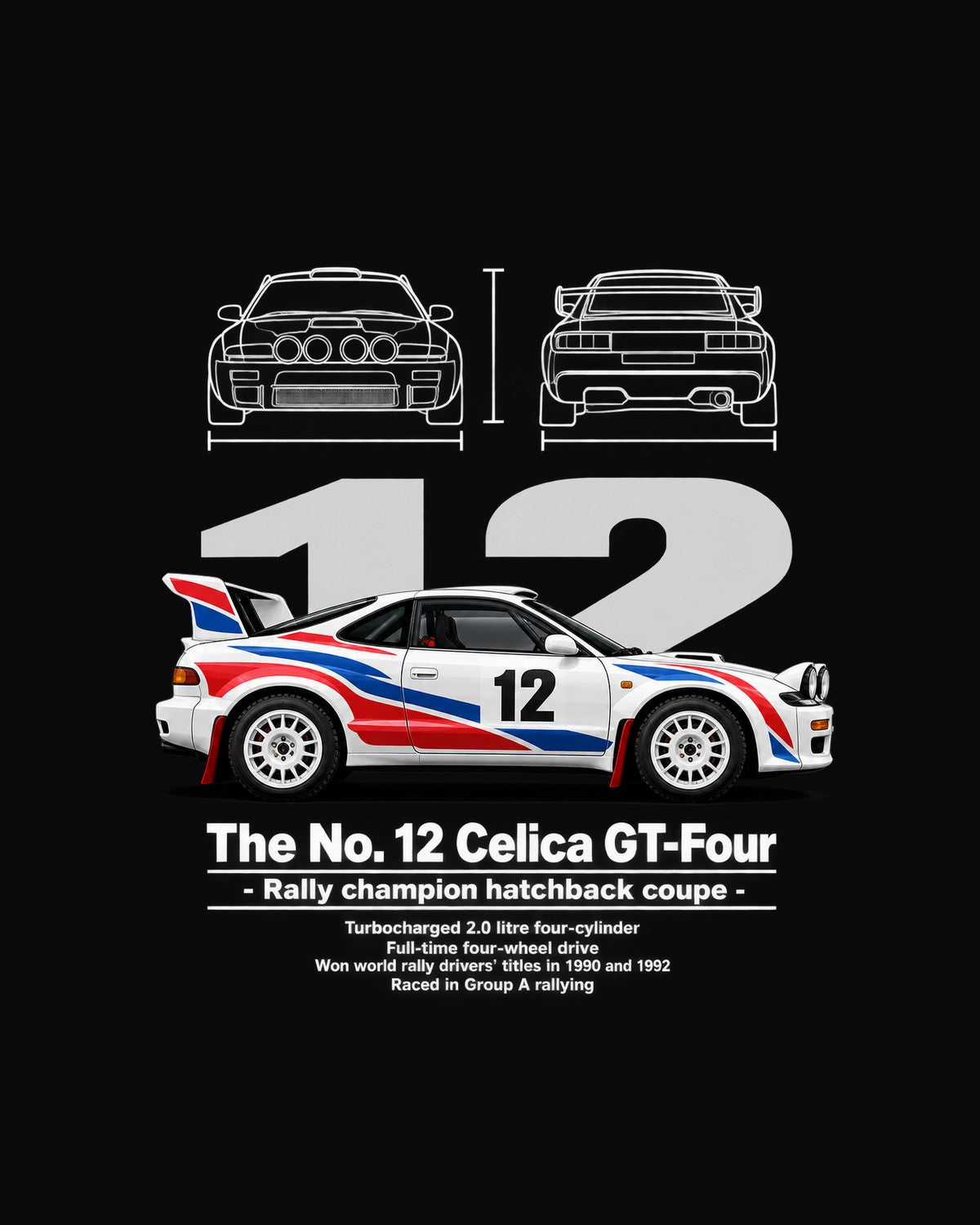 No. 12 Celica GT-Four Race Car Blueprint Full-Back Graphic Tee design only