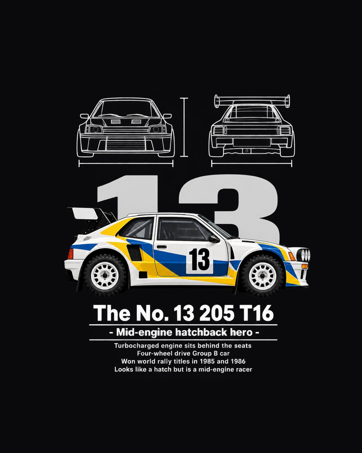 No. 13 205 T16 Race Car Blueprint Full-Back Graphic Tee design only