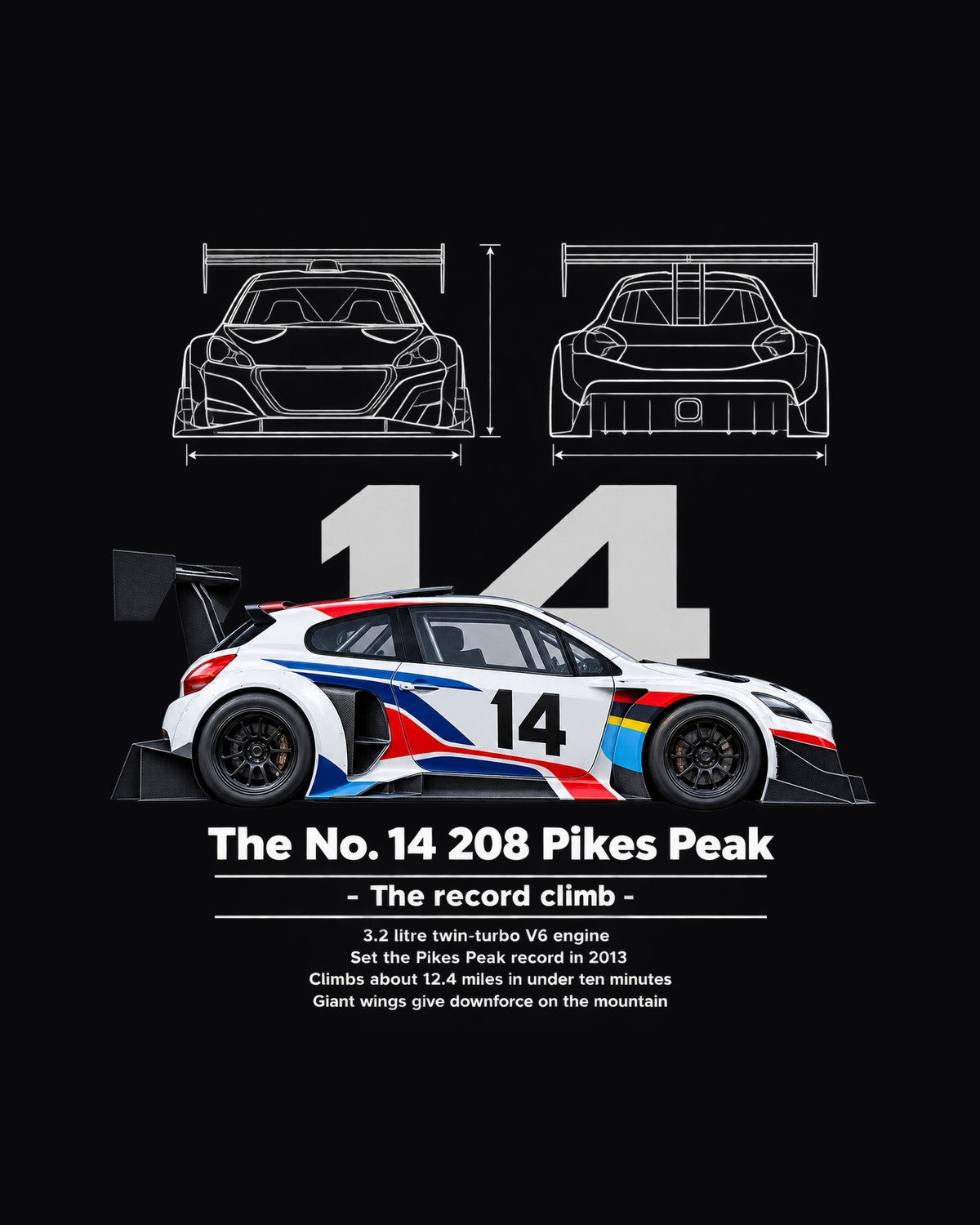 No. 14 208 Pikes Peak Race Car Blueprint Full-Back Graphic Tee design only