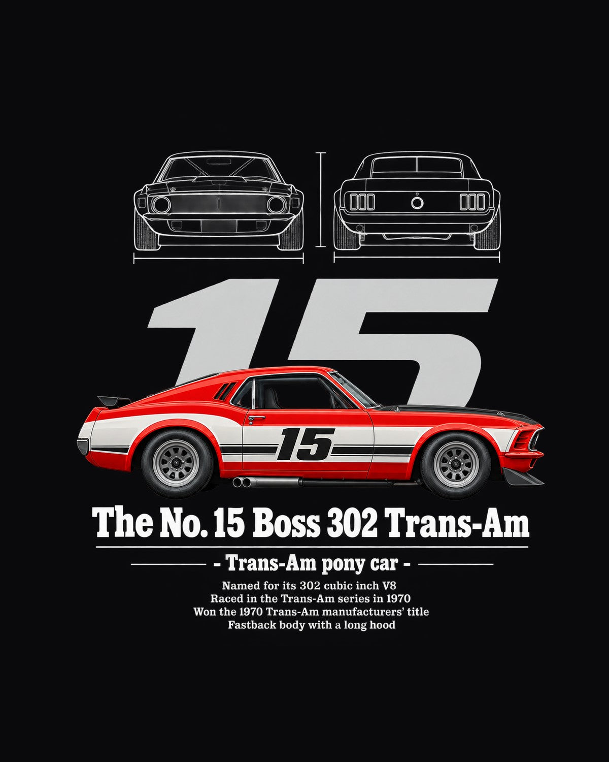 No. 15 Boss 302 Trans-Am Race Car Blueprint Full-Back Graphic Tee design only
