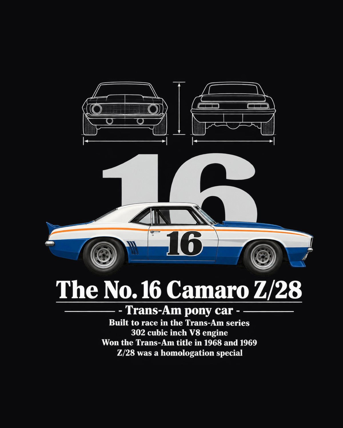 No. 16 Camaro Z/28 Race Car Blueprint Full-Back Graphic Tee design only