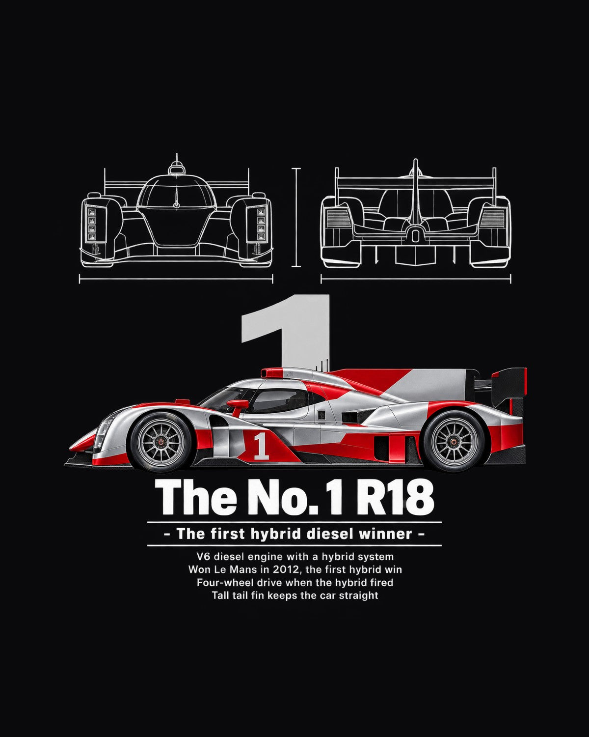 No. 1 R18 Race Car Blueprint Full-Back Graphic Tee design only