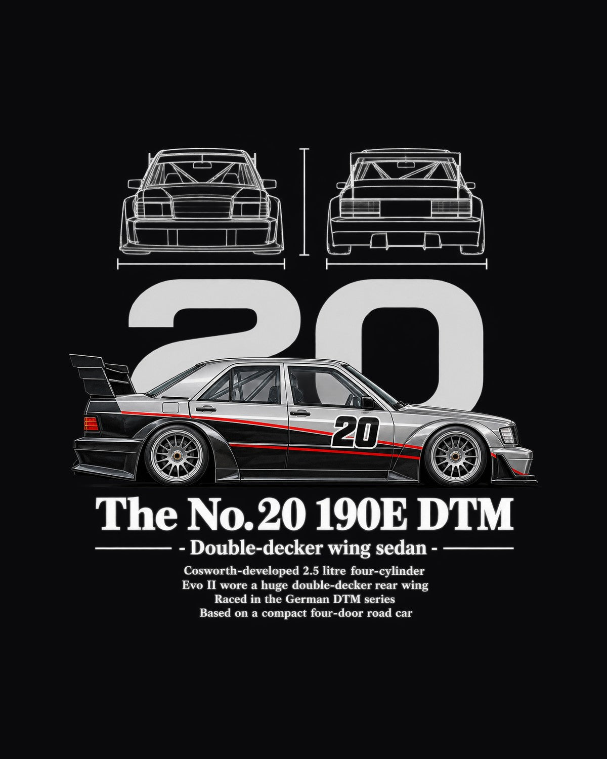 No. 20 190E DTM Race Car Blueprint Full-Back Graphic Tee design only