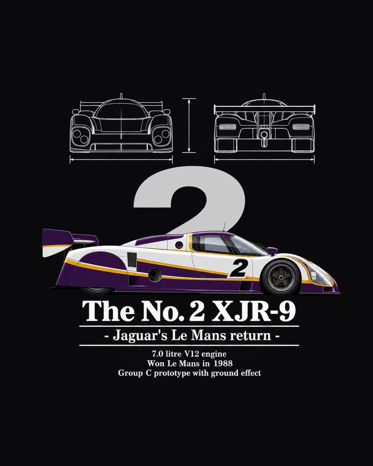 No. 2 XJR-9 Race Car Blueprint Full-Back Graphic Tee design only