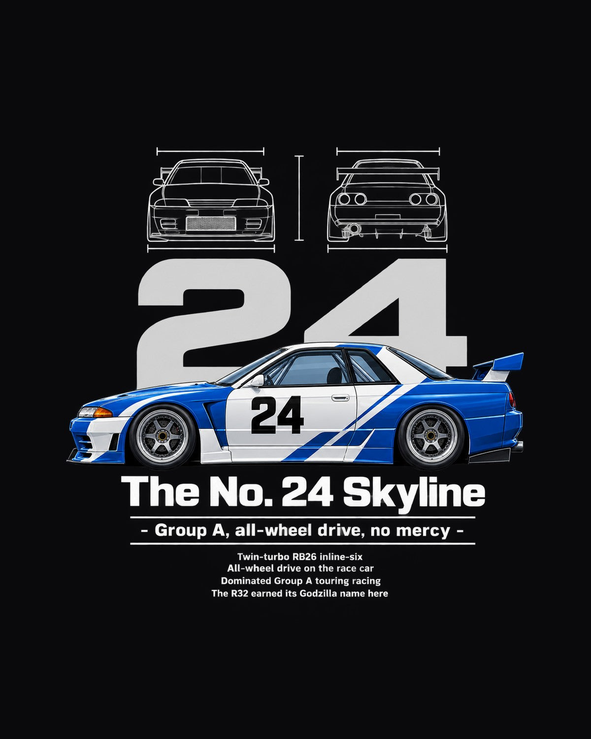 No. 24 Skyline Race Car Blueprint Full-Back Graphic Tee design only