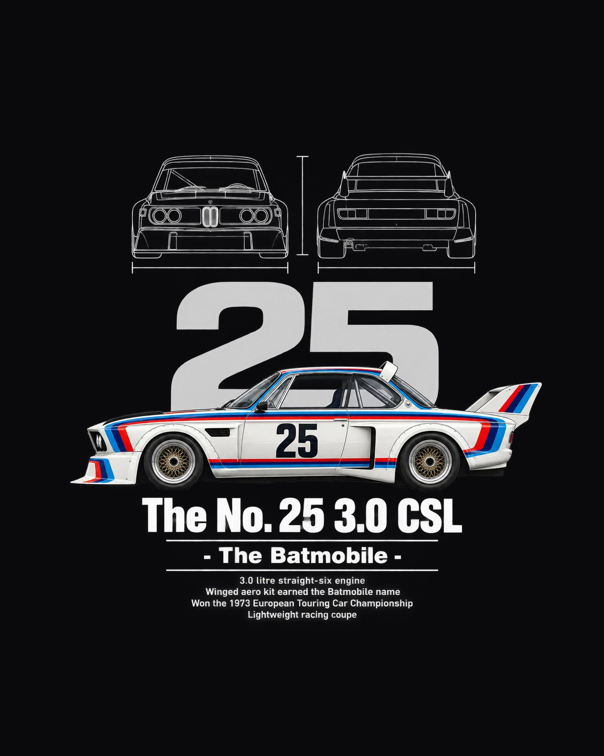 No. 25 3.0 CSL Race Car Blueprint Full-Back Graphic Tee design only
