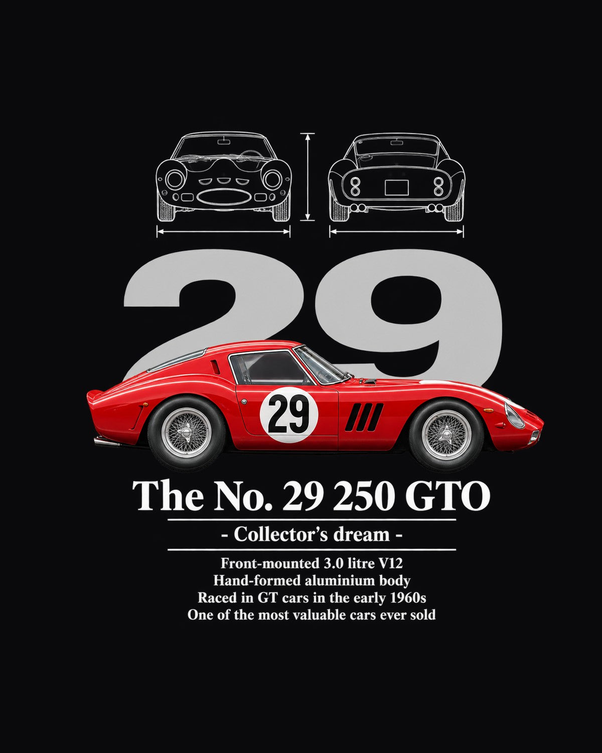 No. 29 250 GTO Race Car Blueprint Full-Back Graphic Tee design only