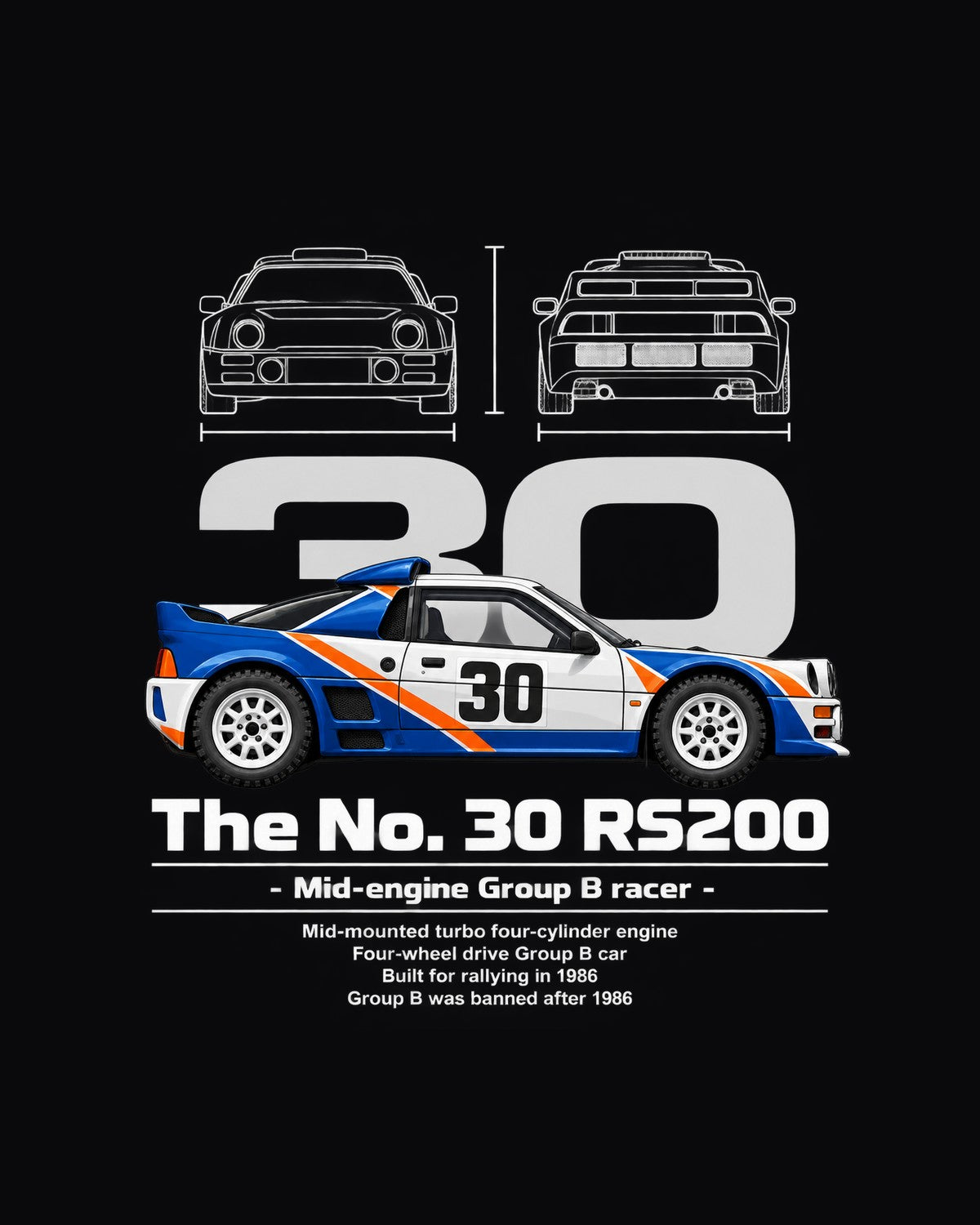 No. 30 RS200 Race Car Blueprint Full-Back Graphic Tee design only