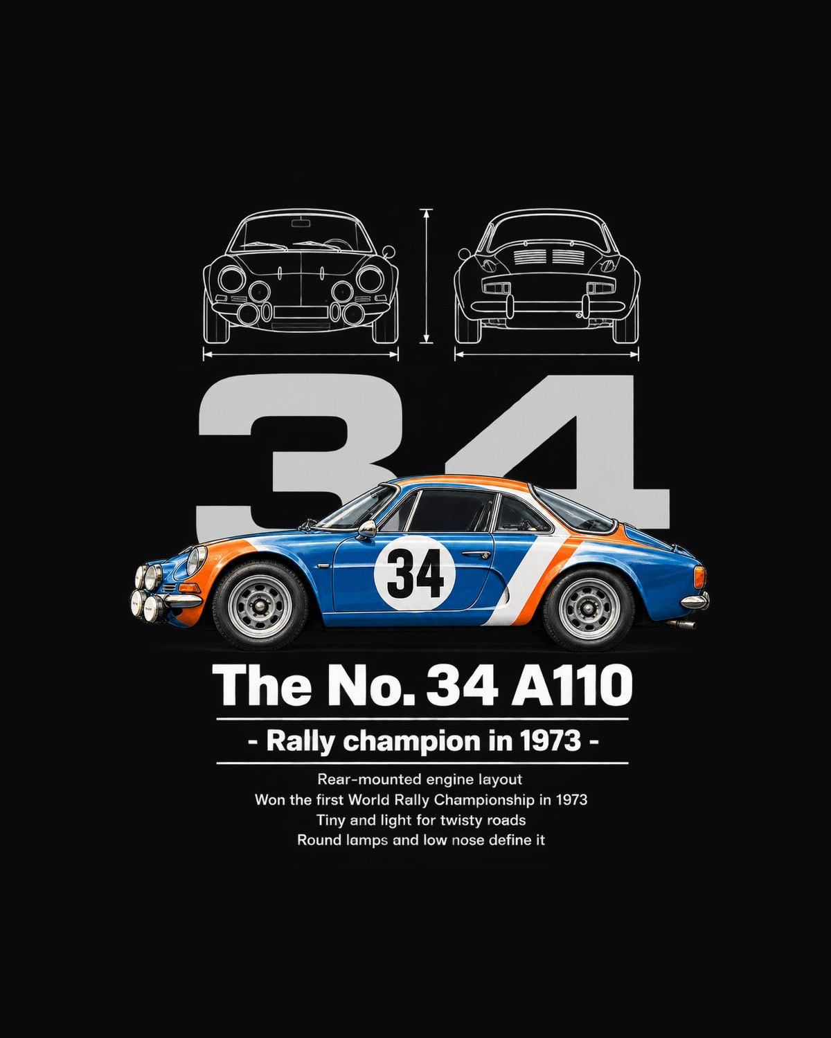 No. 34 A110 Race Car Blueprint Full-Back Graphic Tee design only