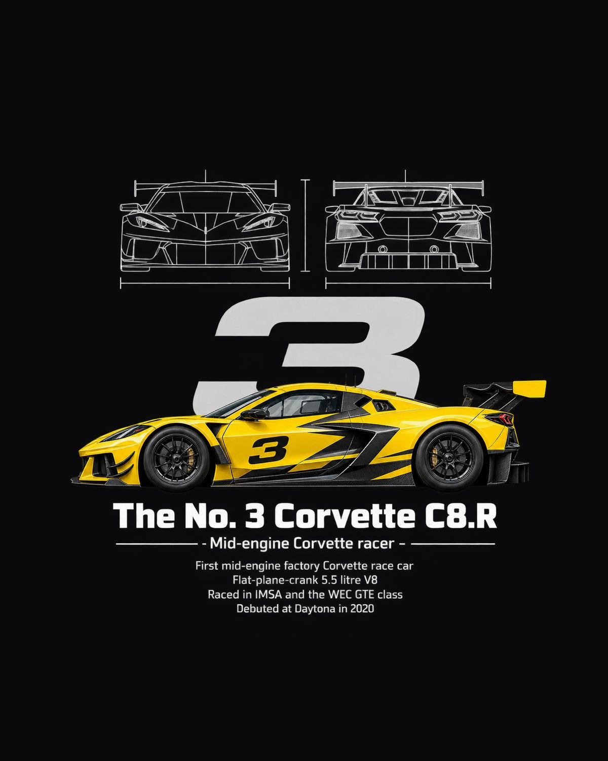 No. 3 Corvette C8.R Race Car Blueprint Full-Back Graphic Tee design only