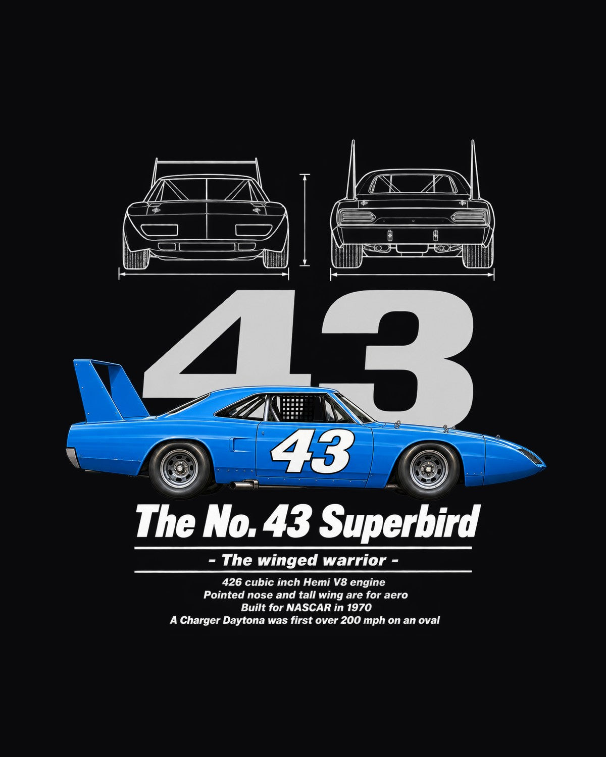 No. 43 Superbird Race Car Blueprint Full-Back Graphic Tee design only