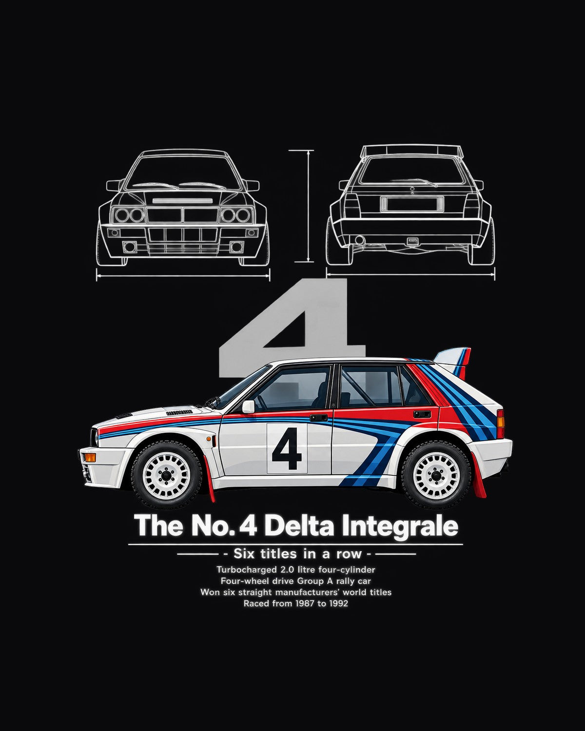 No. 4 Delta Integrale Race Car Blueprint Full-Back Graphic Tee design only
