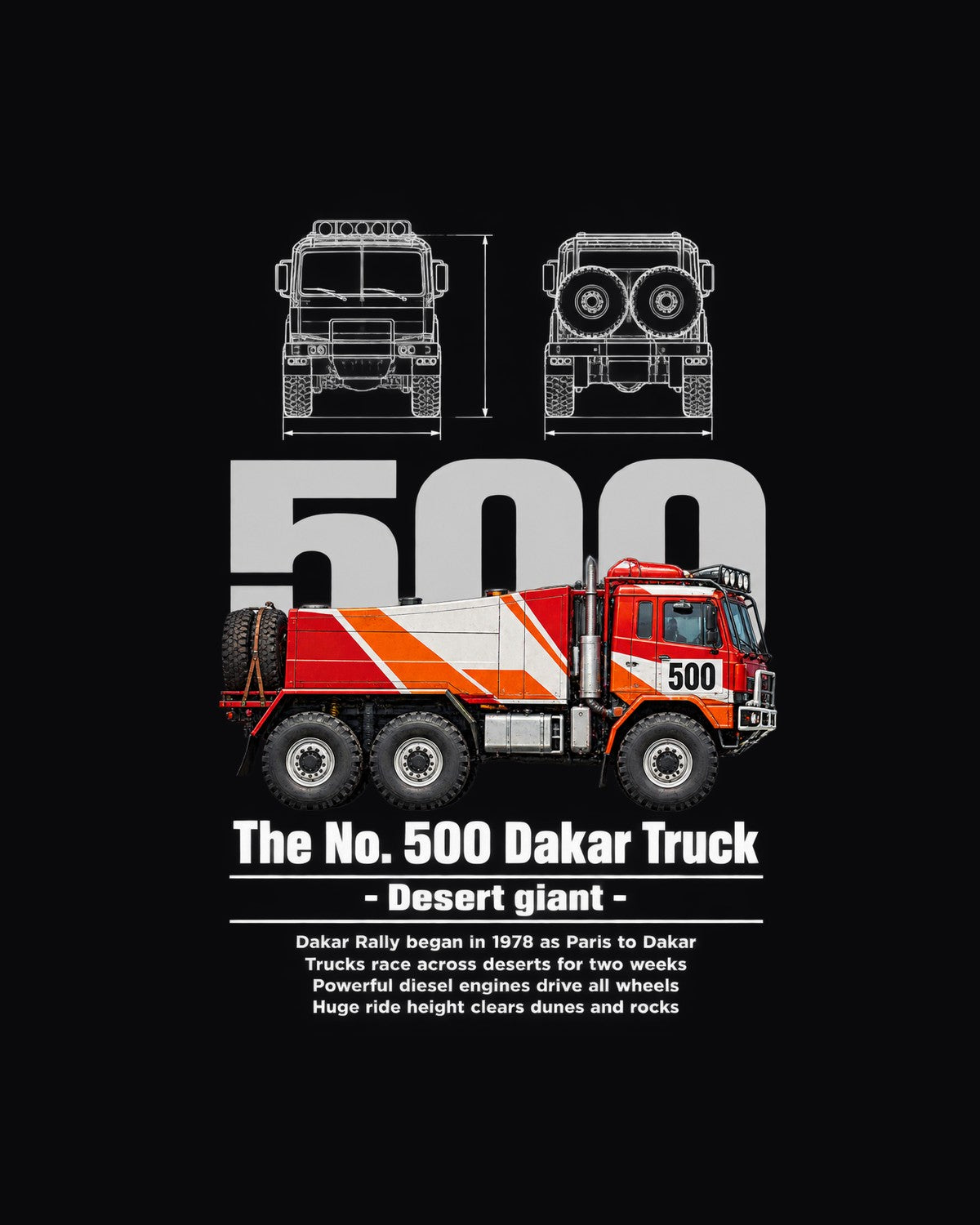 No. 500 Dakar Truck Race Car Blueprint Full-Back Graphic Tee design only