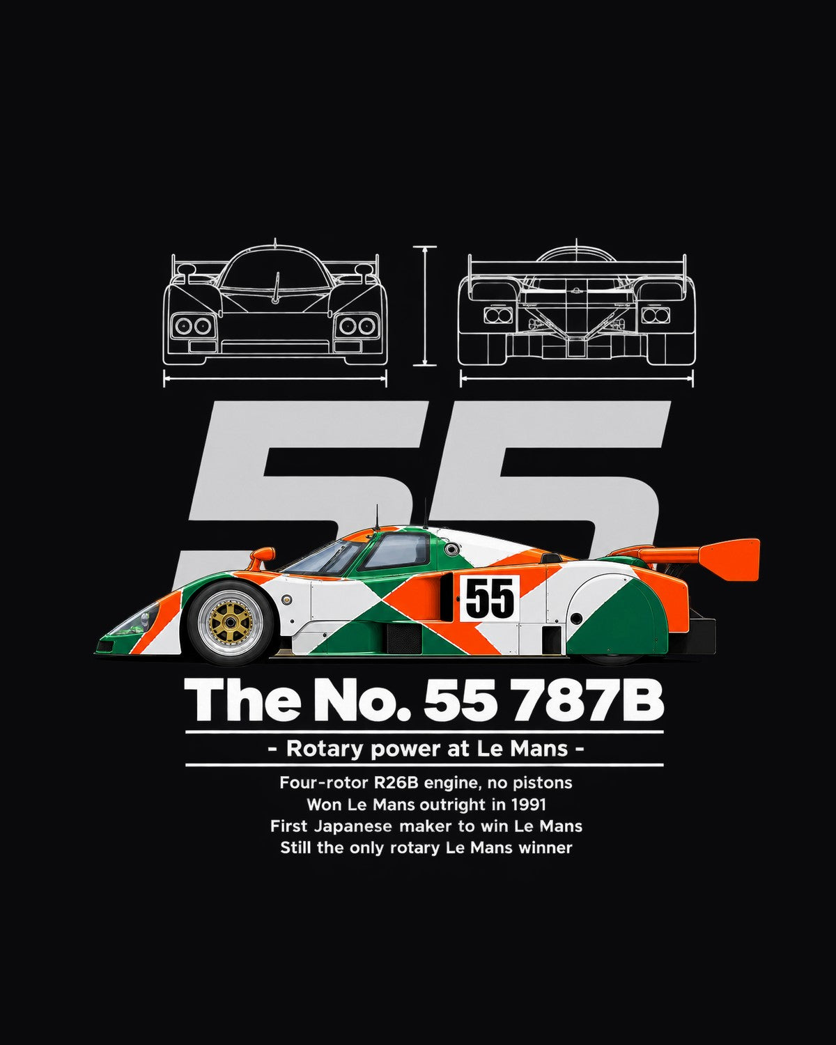 No. 55 787B Race Car Blueprint Full-Back Graphic Tee design only