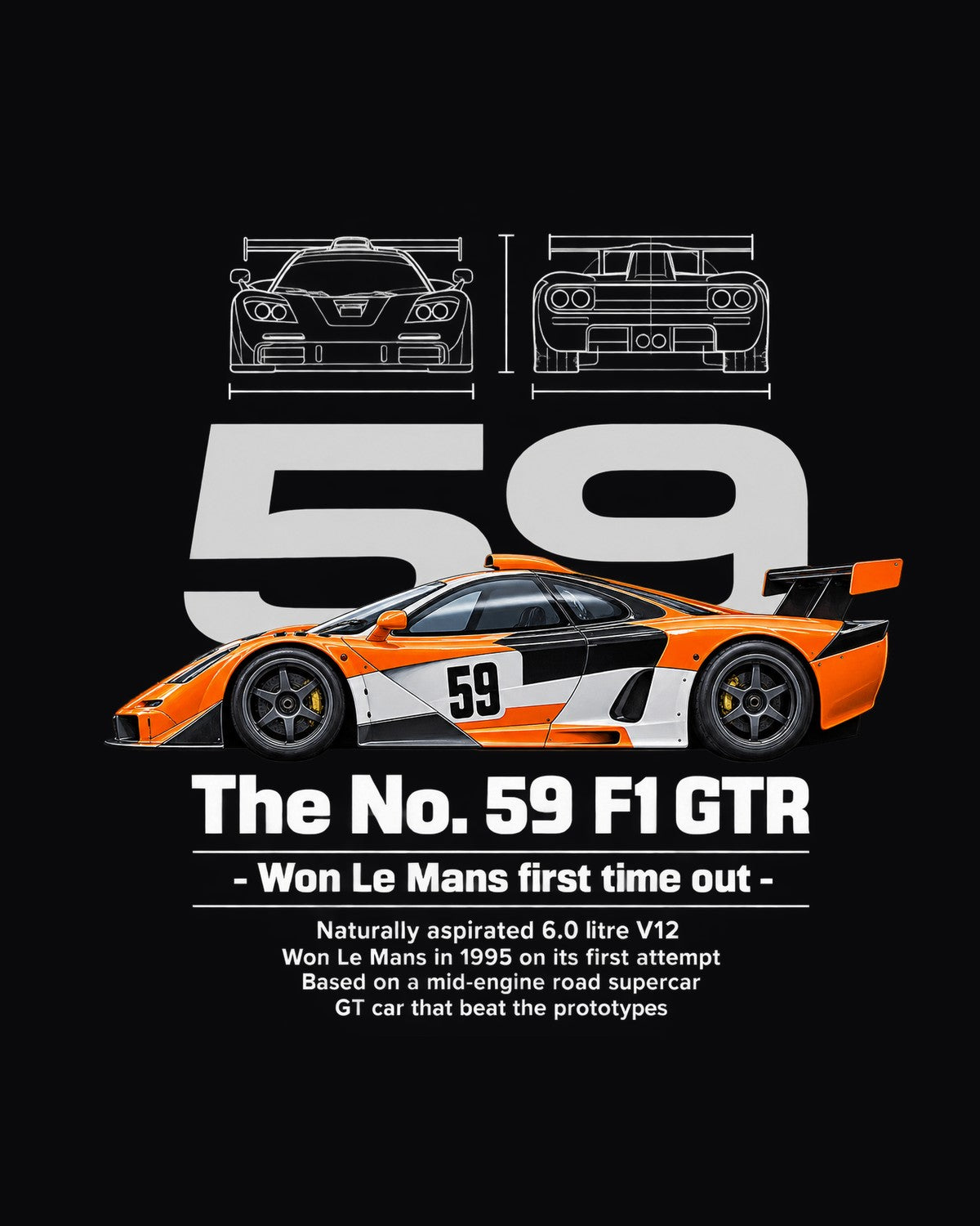 No. 59 F1 GTR Race Car Blueprint Full-Back Graphic Tee design only