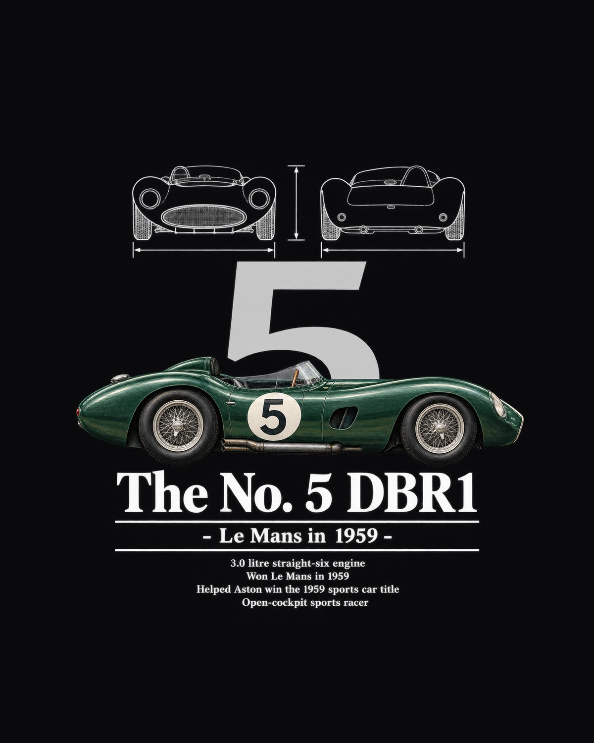 No. 5 DBR1 Race Car Blueprint Full-Back Graphic Tee design only