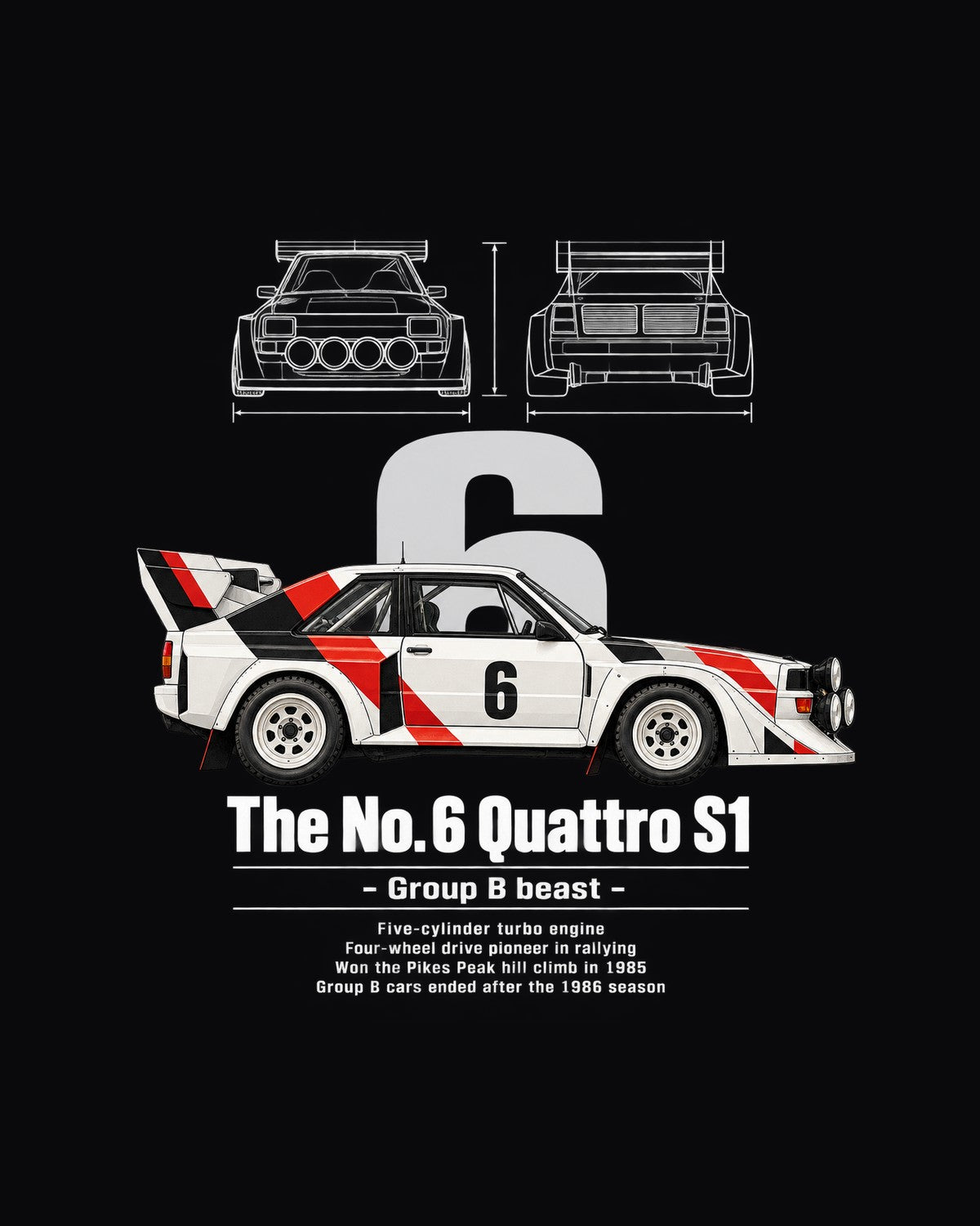 No. 6 Quattro S1 Race Car Blueprint Full-Back Graphic Tee design only