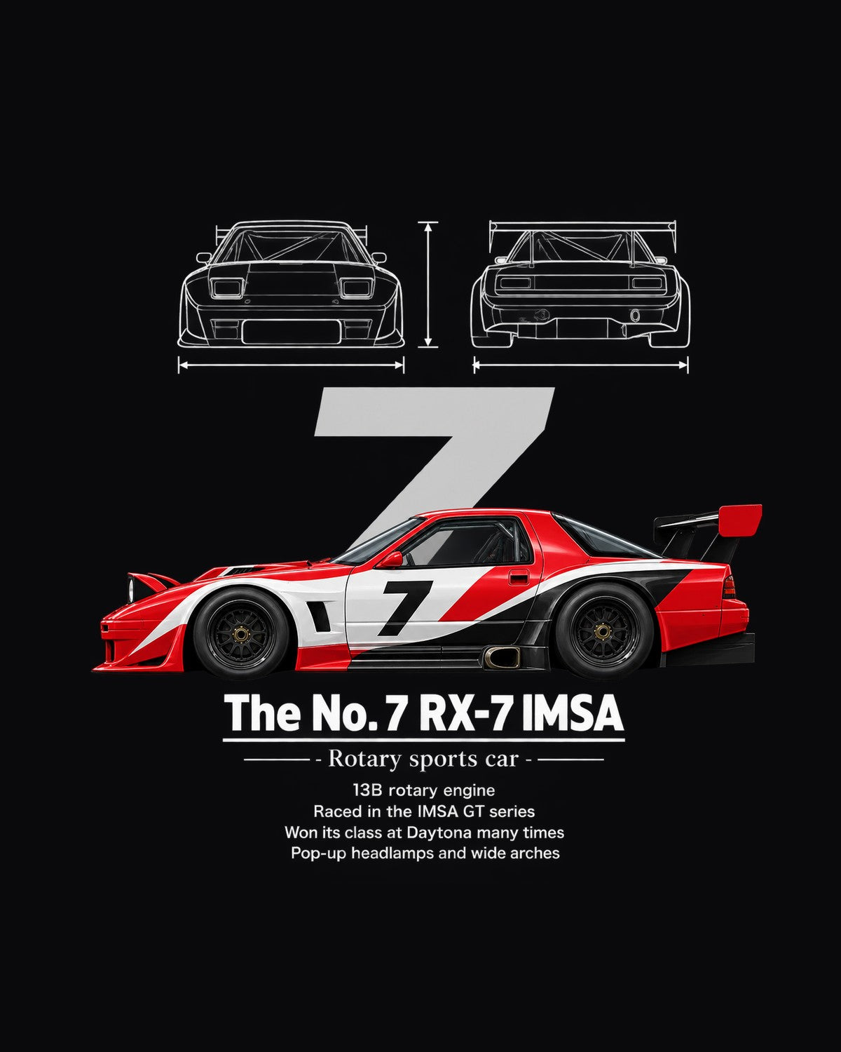 No. 7 RX-7 IMSA Race Car Blueprint Full-Back Graphic Tee design only