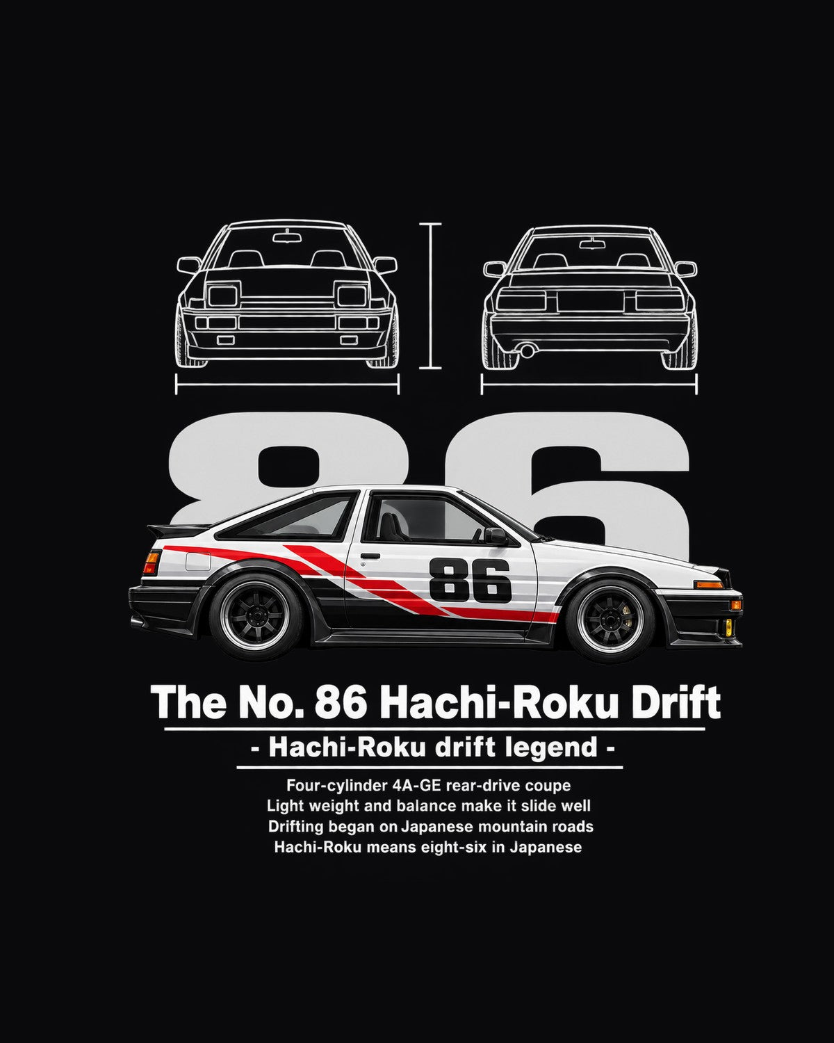 No. 86 Hachi-Roku Drift Race Car Blueprint Full-Back Graphic Tee design only