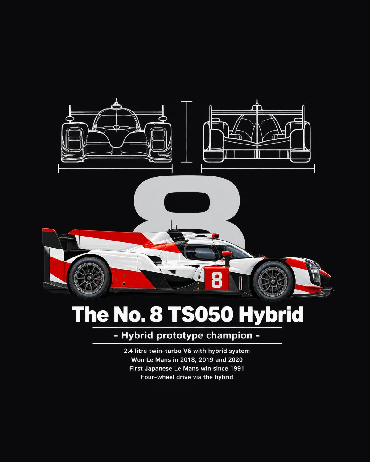 No. 8 TS050 Hybrid Race Car Blueprint Full-Back Graphic Tee design only