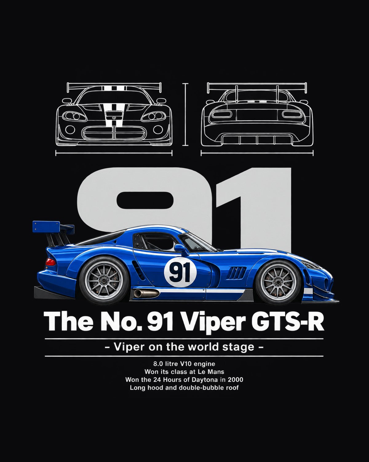 No. 91 Viper GTS-R Race Car Blueprint Full-Back Graphic Tee design only