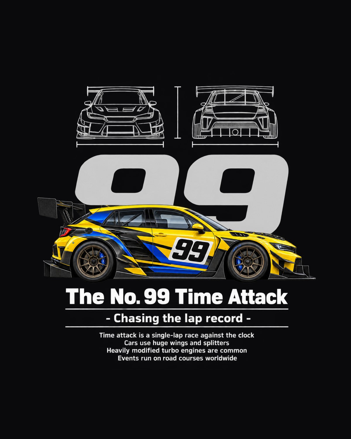 No. 99 Time Attack Race Car Blueprint Full-Back Graphic Tee design only