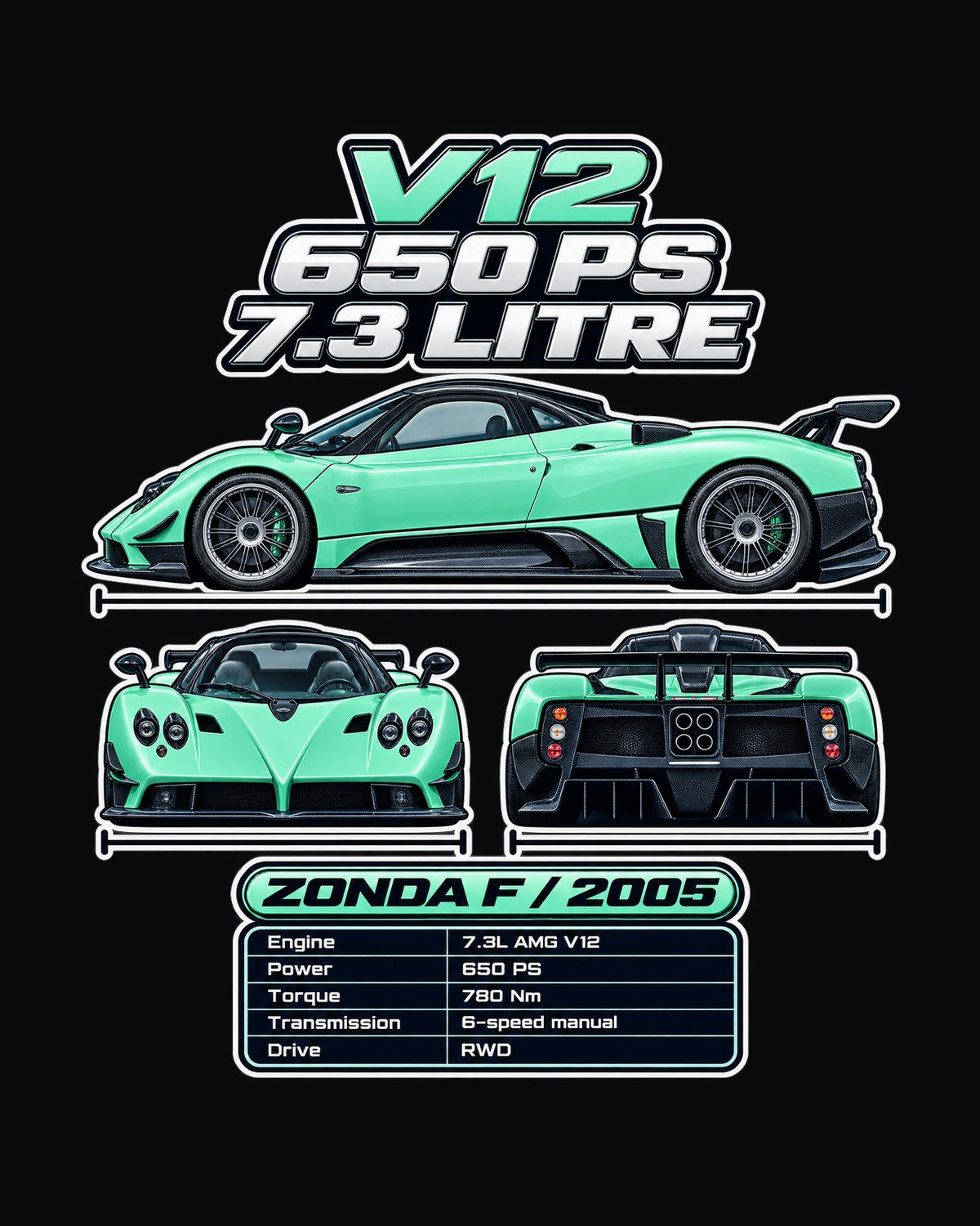 Pagani Zonda F Spec Sheet Full-Back Graphic Tee design only