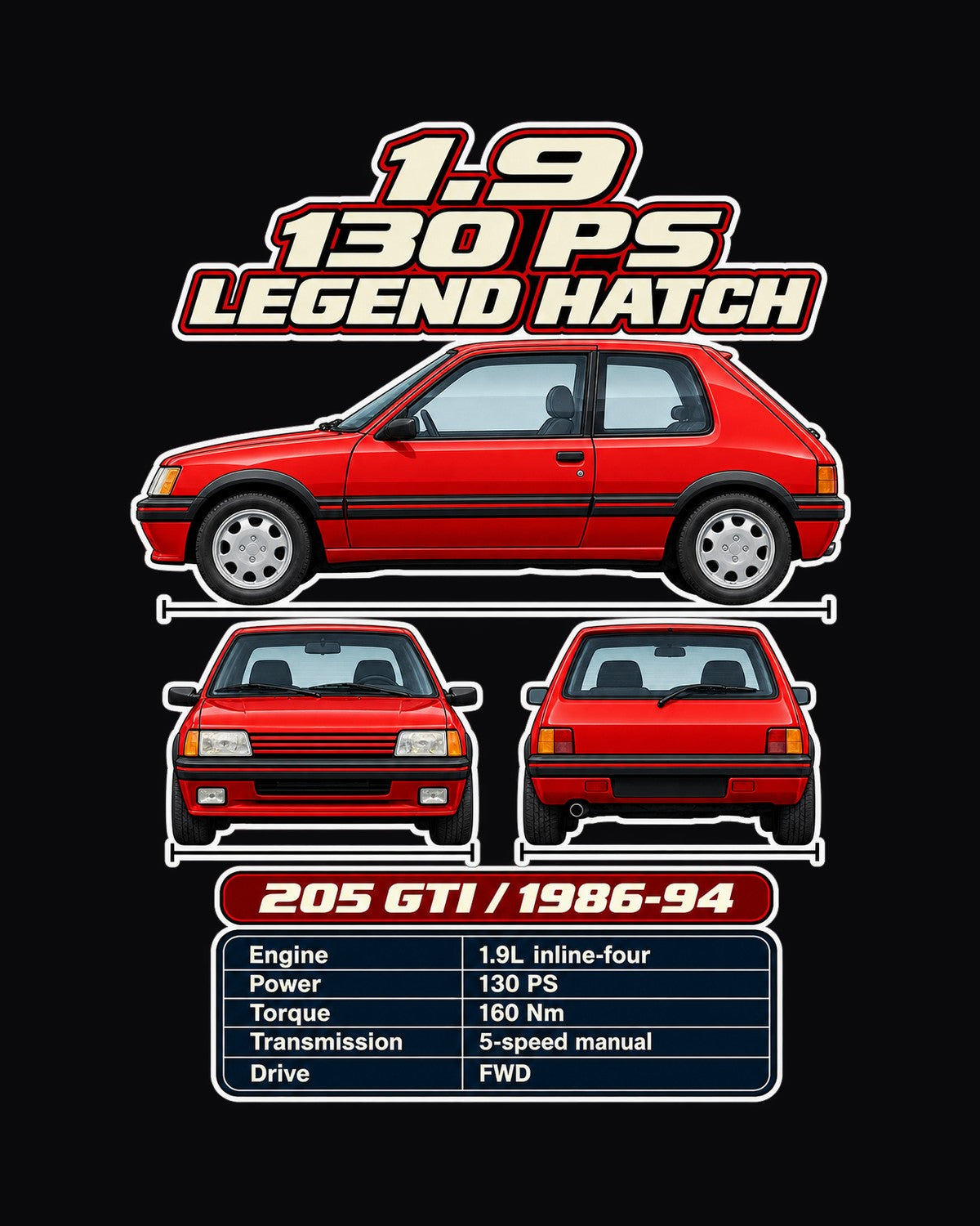 Peugeot 205 Gti 19 Spec Sheet Full-Back Graphic Tee design only