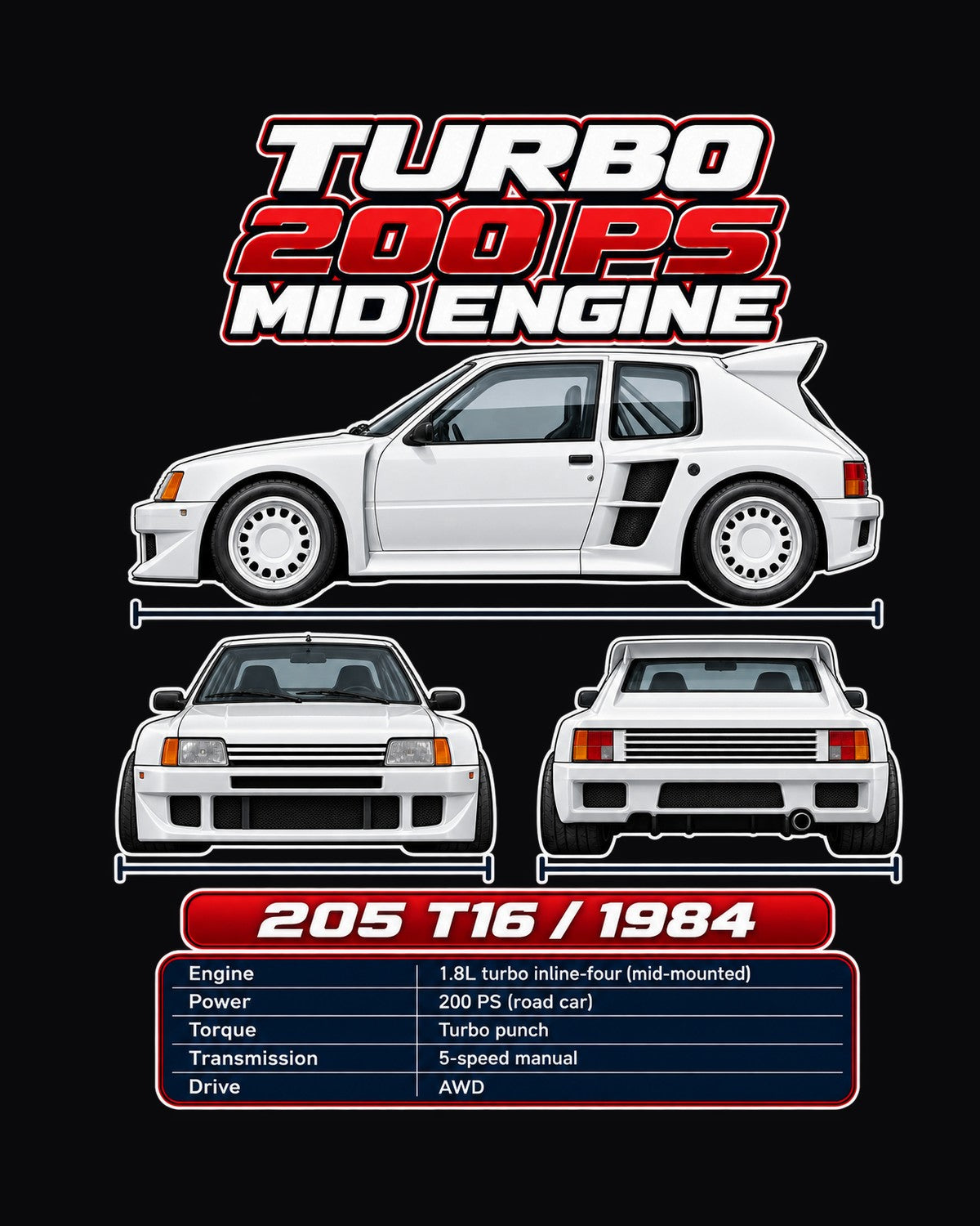 Peugeot 205 Turbo 16 Spec Sheet Full-Back Graphic Tee design only