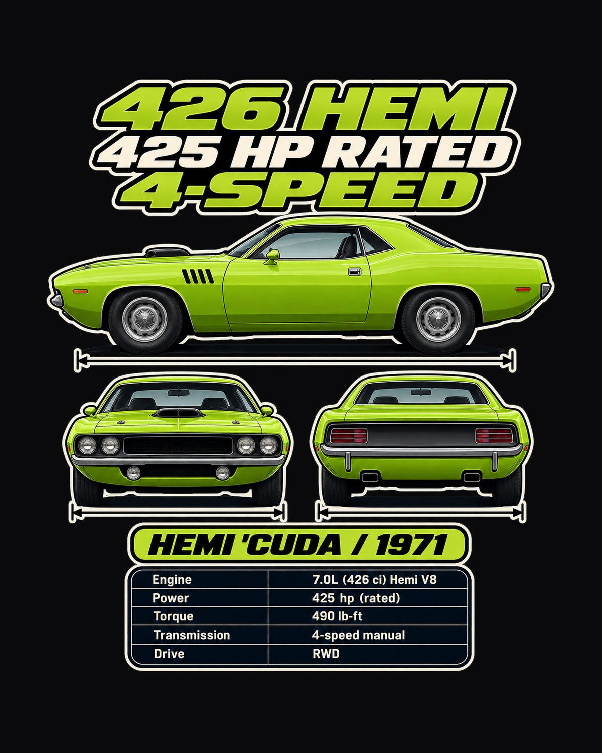 Plymouth Hemi Cuda 1971 Spec Sheet Full-Back Graphic Tee design only