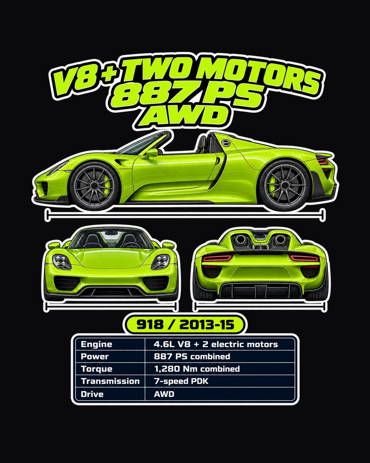 Porsche 918 Spyder Spec Sheet Full-Back Graphic Tee design only