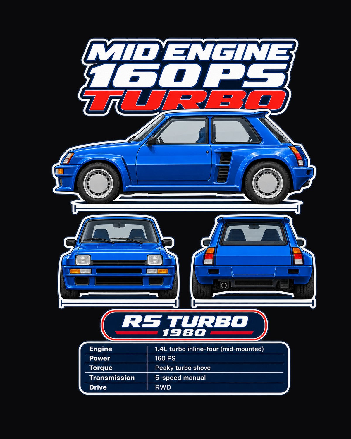 Renault 5 Turbo Spec Sheet Full-Back Graphic Tee design only