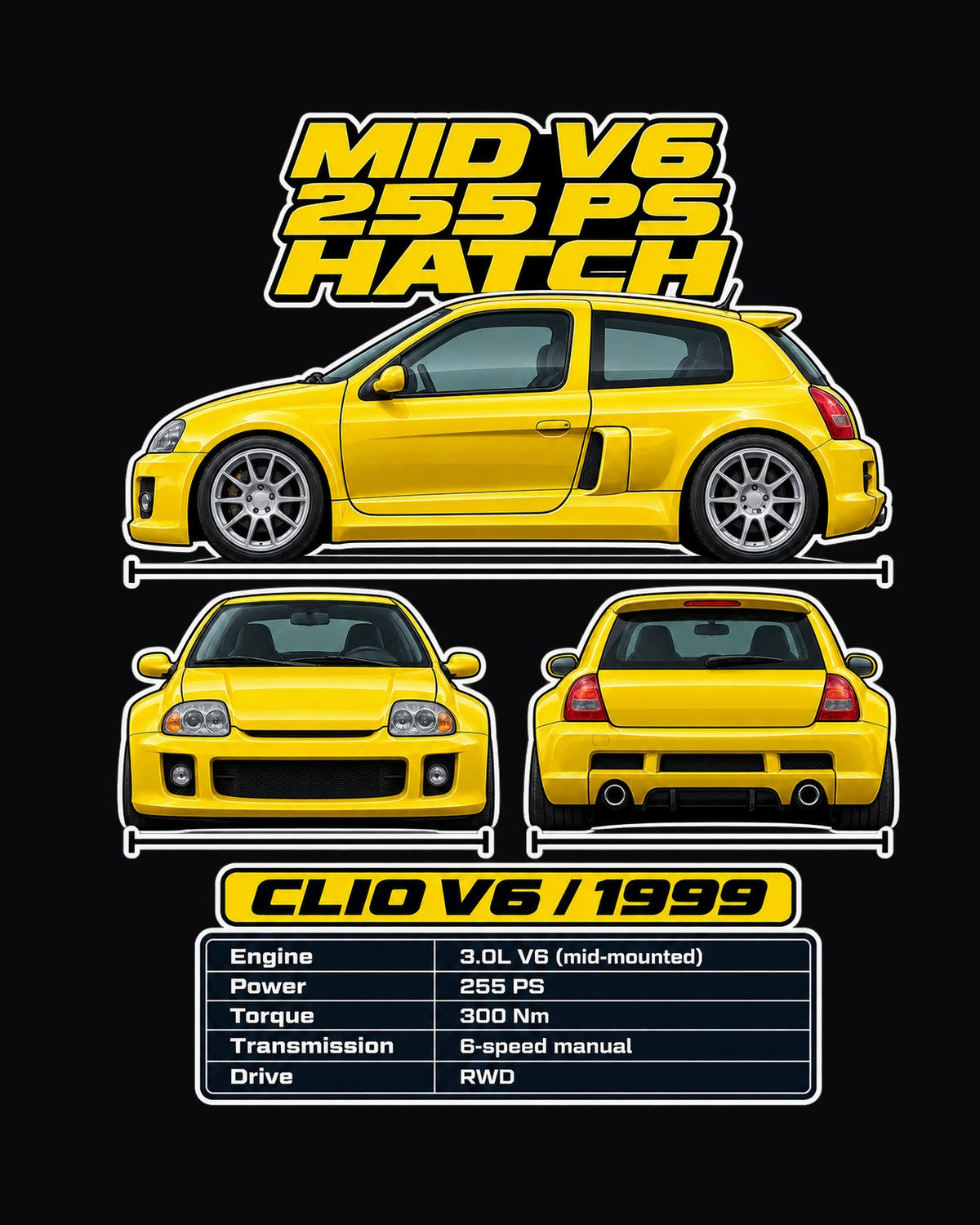 Renault Clio V6 Spec Sheet Full-Back Graphic Tee design only