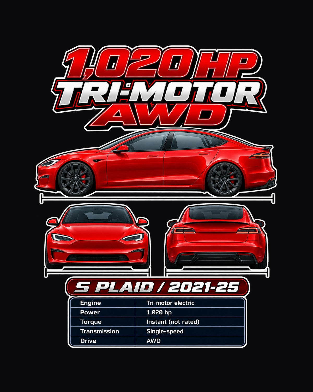 Tesla Model S Plaid Spec Sheet Full-Back Graphic Tee design only