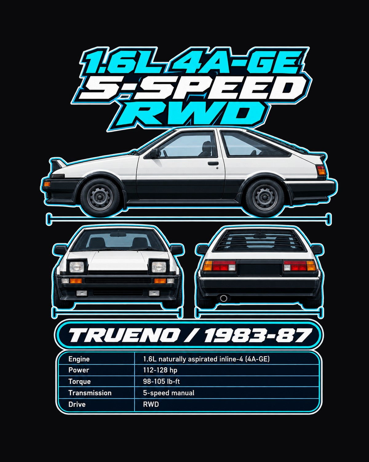Toyota Ae86 Sprinter Trueno Spec Sheet Full-Back Graphic Tee design only