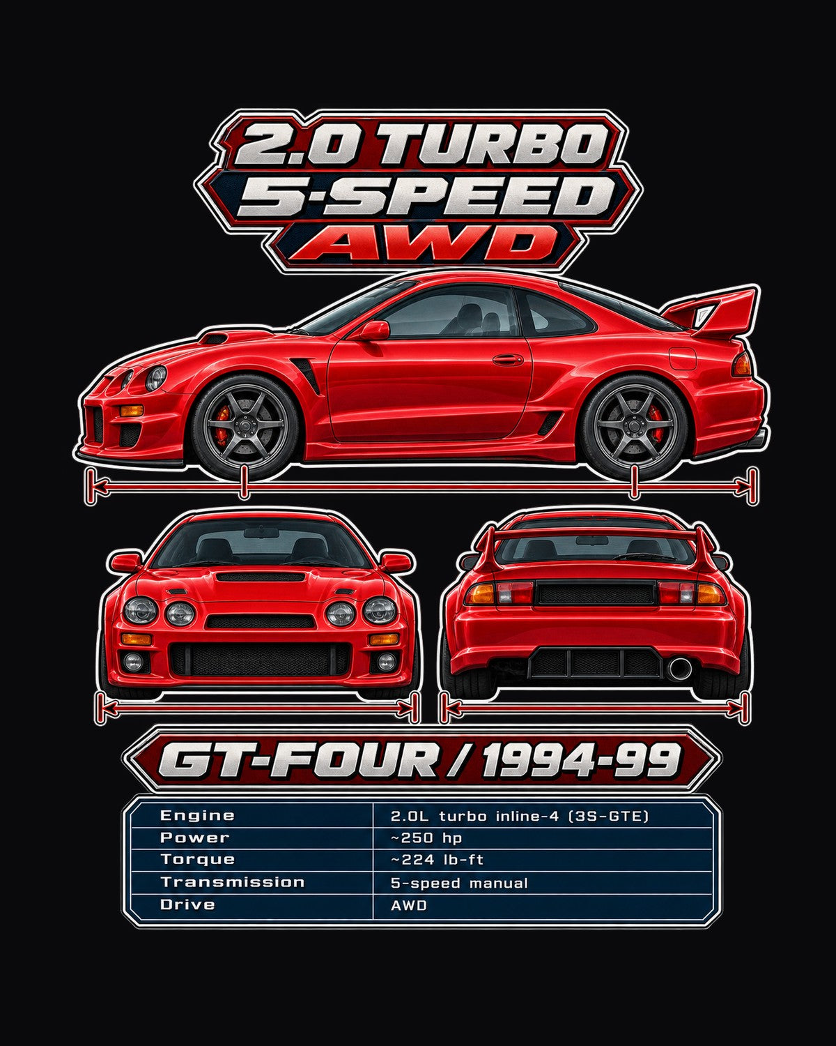 Toyota Celica Gt Four St205 Spec Sheet Full-Back Graphic Tee design only