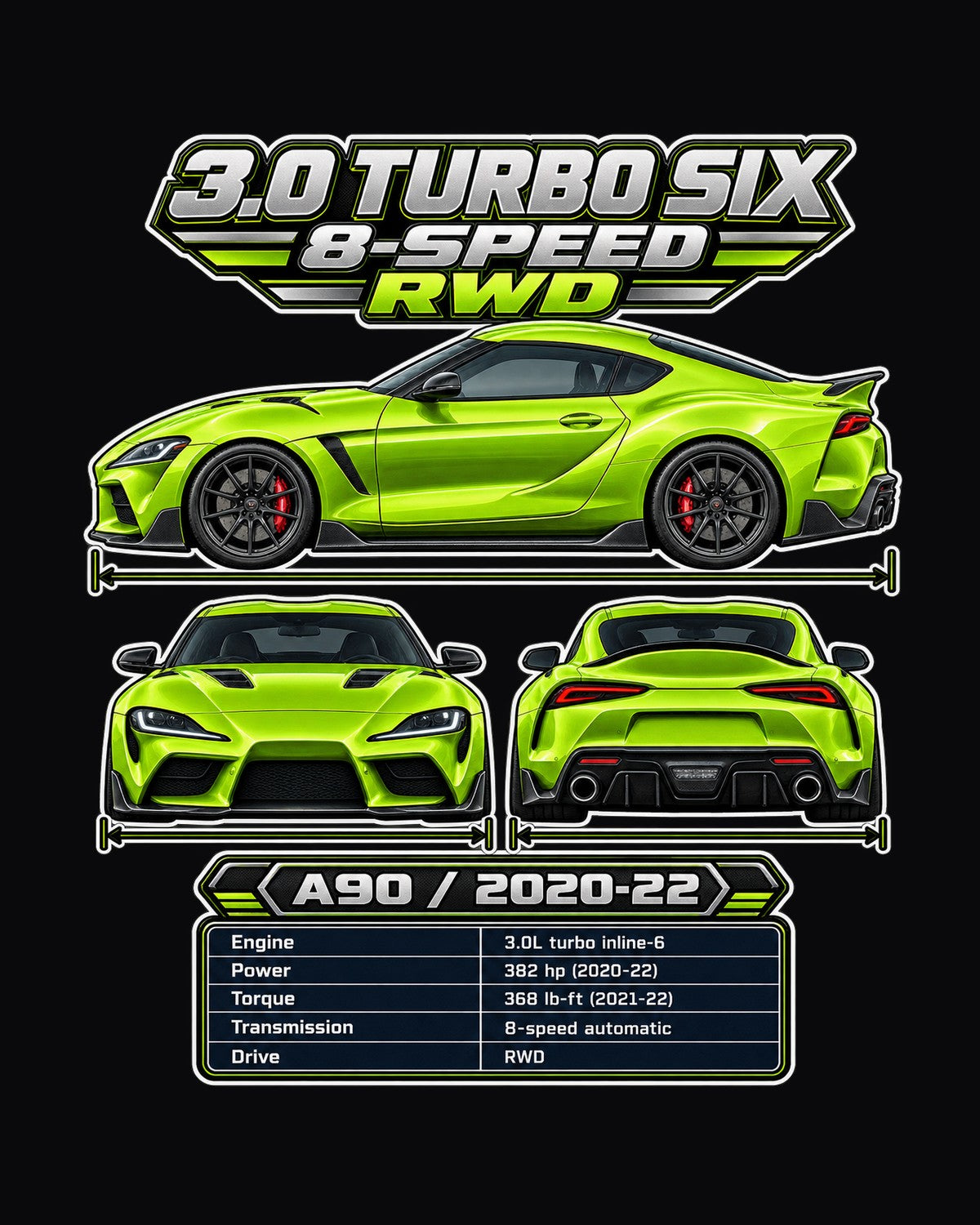 Toyota GR Supra A90 Spec Sheet Full-Back Graphic Tee design only
