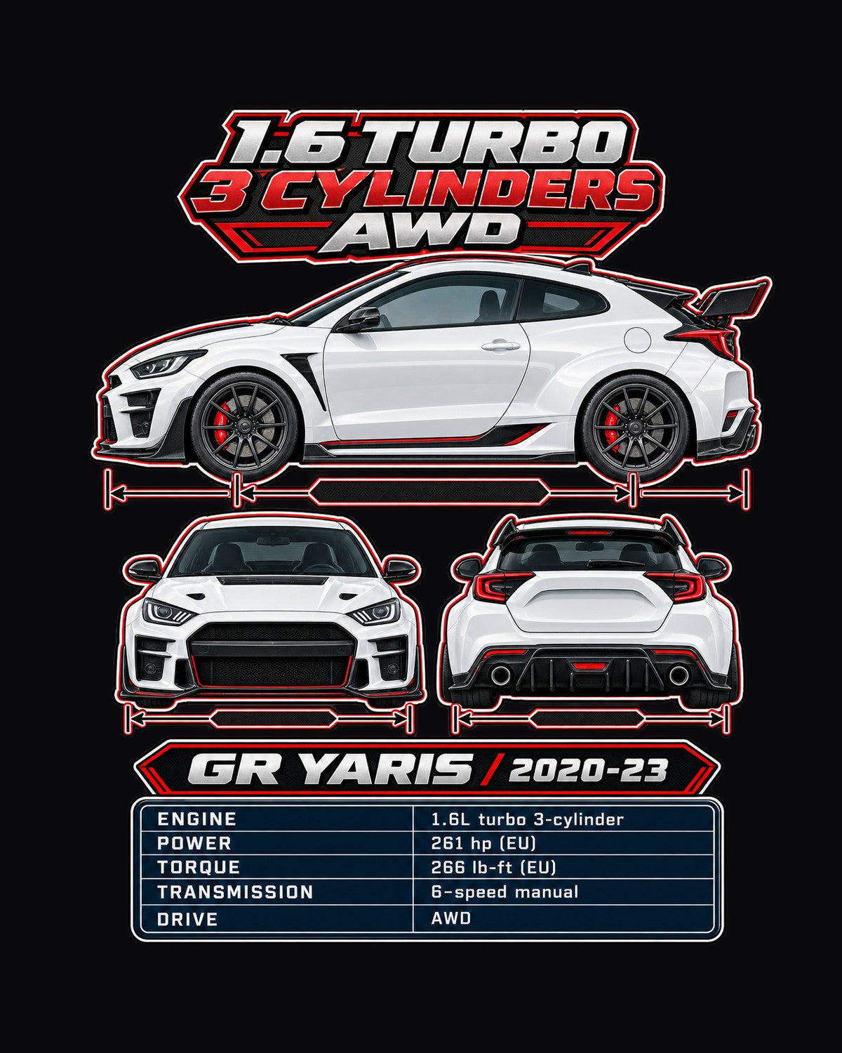Toyota GR Yaris Spec Sheet Full-Back Graphic Tee design only